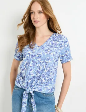 Abstract Jersey Tie Detail V Neck T-Shirt - Blue - Size: 12 - Wallis - FashionsVida
