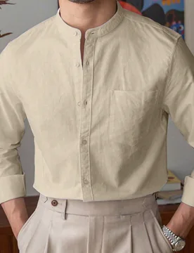 Camisa casual de negocios de unicolor con cuello mao para hombres, de manga larga, para otoño - Shein - FashionsVida