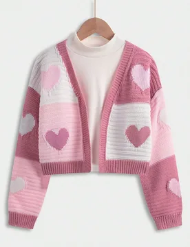 Chica preadolescente 1 pieza Cárdigan de plumero con patrón de corazón de hombros caídos - Shein - FashionsVida