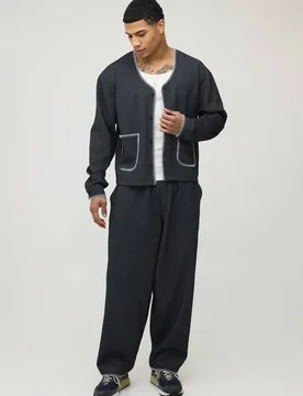 Men's Waffle Contrast Stitch Oversized Boxy Baseball Shirt & Balloon Trouser Set Black Size Small Black S - boohooMAN - FashionsVida
