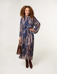 High Neck Printed Dress With Elasticated Waist - S / NAVY - female