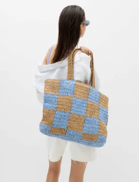 Straw Checkerboard Tote Bag Natural female - M&S - FashionsVida