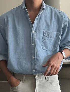 Camisa vaquera de manga larga, de un solo pecho, con bolsillo, holgada, para hombre, ropa de otoño - Shein - FashionsVida