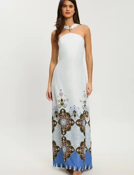 Women's Petite Tile Print Satin Viscose Halterneck Maxi Dress Size: 12 - Multicolor - Size: 12 - Karen millen - FashionsVida