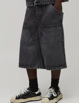 Men's Herringbone Denim Double Carpenter Longline Jorts Washed Black Size 28R Washed Black 28R - boohooMAN - FashionsVida