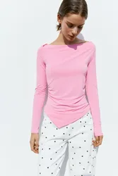 Pink Boat Neck Top With Gathered Detail (Size: )