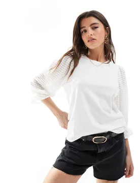 Womens T-Shirt With Sheer Textured Sleeve In White - Object - FashionsVida