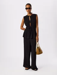 Textured Drawstring Straight Leg Trousers Black female