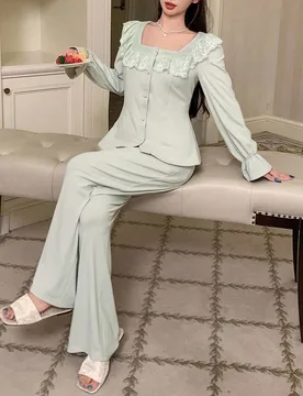 Conjunto de pijama de mujer con adorno de encaje romántico, ropa de invierno y otoño - Shein - FashionsVida