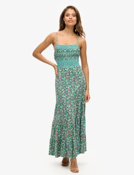 Superdry Damen Grün, Rot und Blau Gesmoktes Maxi-Trägerkleid mit Blumenmuster, Größe: 44