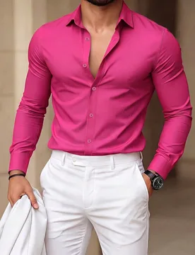 Camisa casual de manga larga de un solo color con abotonadura sencilla para hombres, para uso diario y ceremonias - Shein - FashionsVida