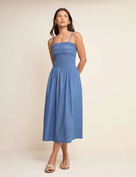 Denim Square Neck Midi Shirred Dress Blue female - Nobody's Child - FashionsVida