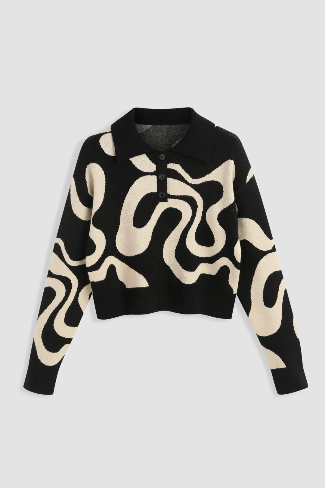 Womens Polo Collar Jacquard Knit Sweater - Black - Size Medium - Hiccup - FashionsVida