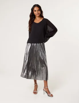 Metallic Pleated Tulle Skirt - M/L / PEWTER - female - Blue Vanilla - FashionsVida