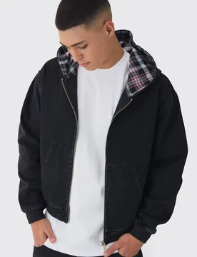 Men's Oversized Boxy Denim Embroidered Hoodie Washed Black Size Large Washed Black L - boohooMAN - FashionsVida