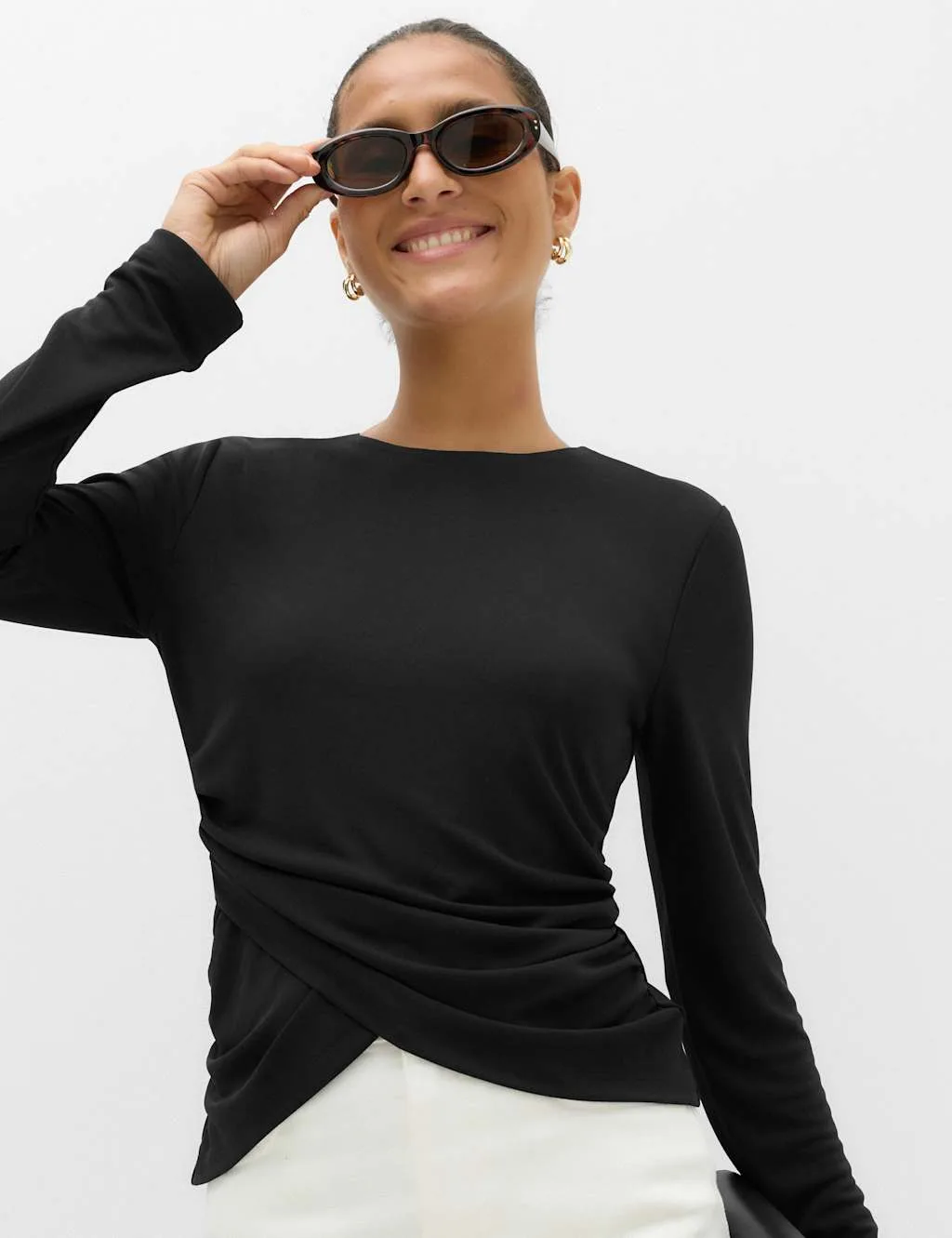 Long Sleeve Wrap Hem Top Black female - M&S - FashionsVida