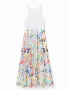 Robe longue combinée tulle, Blanc, XL