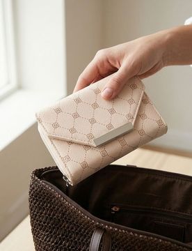 Portafoglio con patta e zip con motivo monogramma - beige