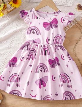 Vestido casual sin mangas con cuello redondo y estampado de mariposas arcoíris para niña, adecuado para salidas casuales diarias, vacaciones, fiesta