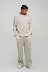 Herren Entspannter Gerippter Strickpullover Stone Größe Large