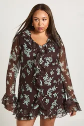 Womens Plus Floral Ruffle Smock Dress - Brown - Size 26 Uk