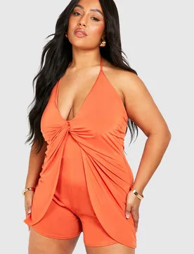 Womens Plus Slinky Knot Detail Strappy Playsuit - Rust - Size 24 Uk - Boohoo - FashionsVida