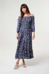 Women's Shirred Waist Navy Three Quarter Sleeve Slip On Bardot Maxi Dress Size: Small - Navy - Size: S