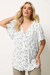 Leaf Print Pintuck Blouse - White - Size: 26-28