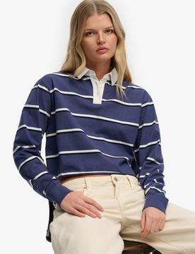 Superdry Damen Athletic Essentials Gestreiftes Rugby-oberteil in Cropped-länge Navy - Größe: 40