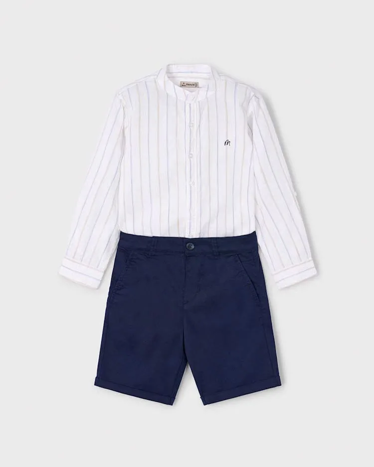 Completo camicia coreana bianca a righe e bermuda blu - Mayoral - FashionsVida