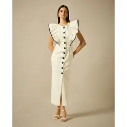 Vestido midi con hombros con volantes viveados y botones del delantero