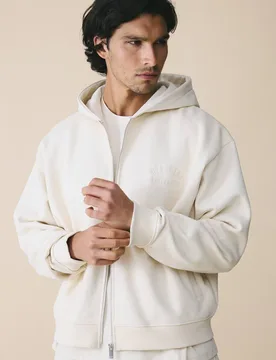 Men's 500 GSM Heavyweight Essential Embroidered Boxy Zip Through Hoodie Ecru Size Large Ecru L - boohooMAN - FashionsVida