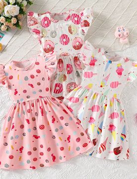 Conjunto casual de 3 piezas para niña joven, estilo lindo serie de postres con estampado integral de helado, caramelo y dona, vestido con cuello redo