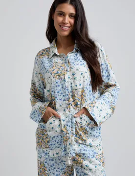 Evie Long Sleeve Summer Patchwork Print Pyjama Set In Blue - S - Lily and Lionel London Limited - FashionsVida
