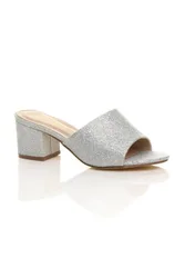 Mid Block Heel Peep Toe Mules Sandals - Silver - Size: 7