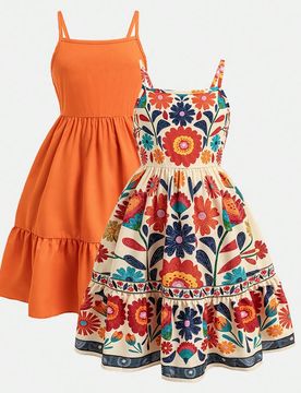 Estilos de vestido de tirantes para niñas preadolescentes, ajuste ceñido en la cintura, volantes en el bajo, estampado floral, adecuado para uso dia