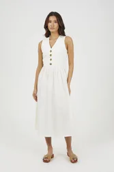 Sleeveless V-Neck Button Down Midi Dress - Cream - Size: XS