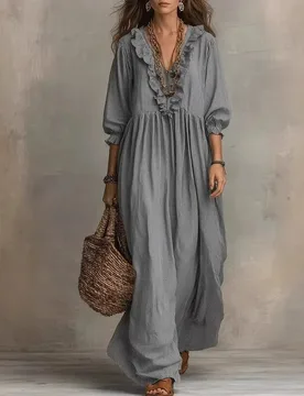 New Spring Summer Long Dress Elegant Striped Ruffled Loose High-Waisted V-Neck Fashion Casual Dress Large Size Beach Robe - Aliexpress - FashionsVida