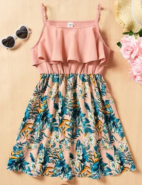 Vestido De Verano Para Chicas Preadolescentes, Informal De Moda Con Estampado De Plantas Y Detalles De Volantes Y Tirantes Decorados - Shein - FashionsVida