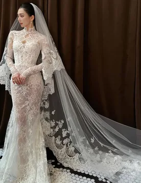Fashion Appliques Lace Bridal Gowns Classic High Collar Mermaid Wedding Dress Romantic Long Sleeves Customized Vestido De Novia - Aliexpress - FashionsVida