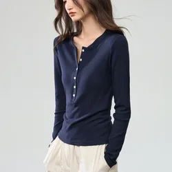 Autumn Women's Basic Top New Henley Collar Long Sleeve T Shirt Button Design Slim Fit Slimming Top Base Layer