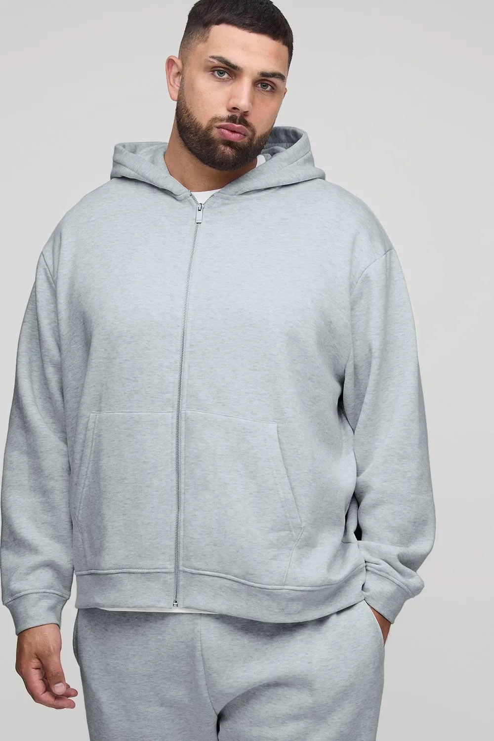 Herren Plus Basic Oversized Zip-Hoodie Sweatshirt Grey Marl Größe 2XL - boohooMAN - FashionsVida