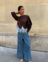Lace Detail Relaxed Jumper Brown Mix female