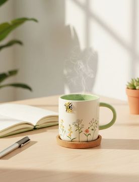 Tazza in ceramica con motivo vegetale e animali in rilievo - multicolor