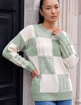 Women's Patchwork Cable Knit Jumper in Mint Size: 16 - Mint - Size: 16 - Roman - FashionsVida
