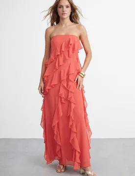 Women's Bandeau Layered Ruffle Maxi Dress in Orange Size: 8 - Orange - Size: 8 - Warehouse - FashionsVida