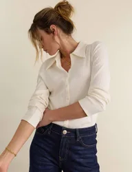 Jersey Rib Collared Button Down Fitted Top Cream female