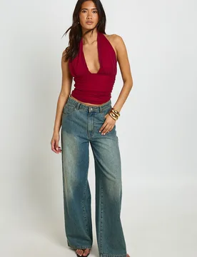Womens Textured Deep Plunge Halter Neck Top - Red Elastane - Size 10 Uk - Boohoo - FashionsVida