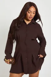 Womens Plus Shoulder Pad Pleated Skirt Shirt Dress - Chocolate - Size 22 Uk