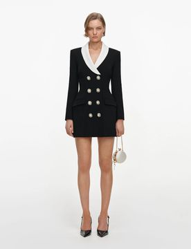 Wool Crepe Dress with Front Button Closure & Contrasting Collar